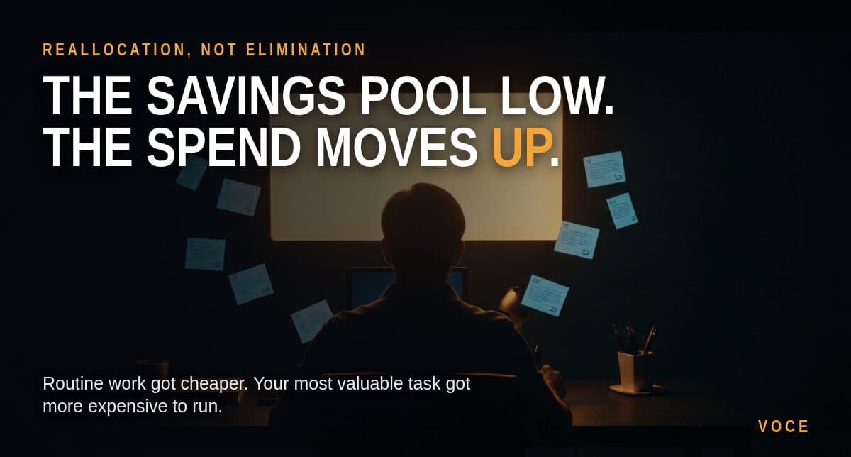 A lone figure silhouetted at a desk before a glowing monitor, dim task cards drifting in the dark around them, over the headline "The savings pool low. The spend moves up."